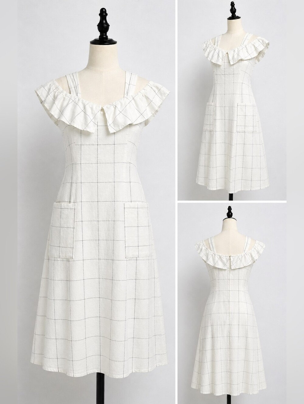 Mango Casual Linen Blend White Grid Dress XS